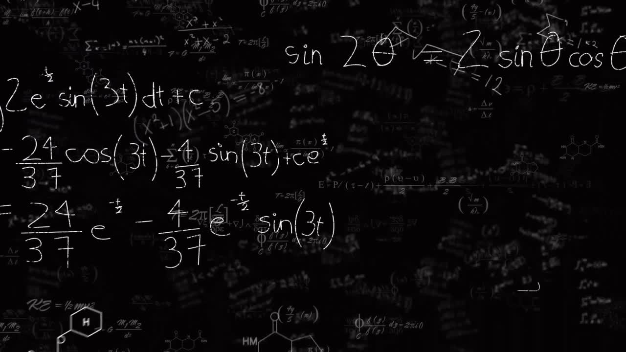animación de ecuaciones matemáticas, diagramas y fórmulas flotando contra un fondo negro