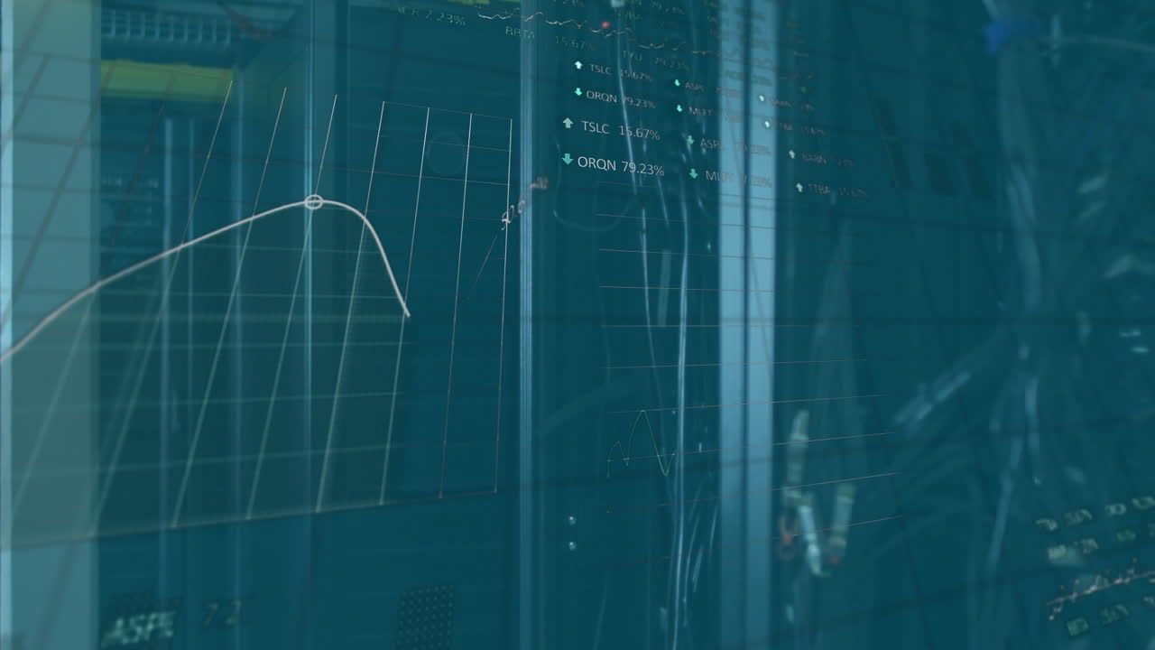 Animation of financial data processing over server room