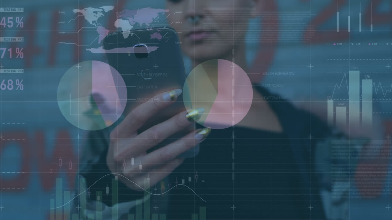 Animation of financial data processing over caucasian woman using smartphone