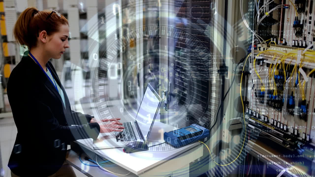 Working on laptop, woman in server room with digital data processing animation