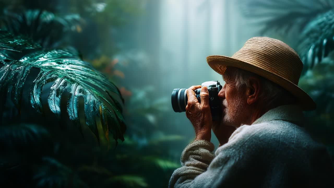 An elderly man captures the beauty of nature with a camera amidst lush, green foliage in a serene, mystical forest, showcasing the richness of life through his lens
