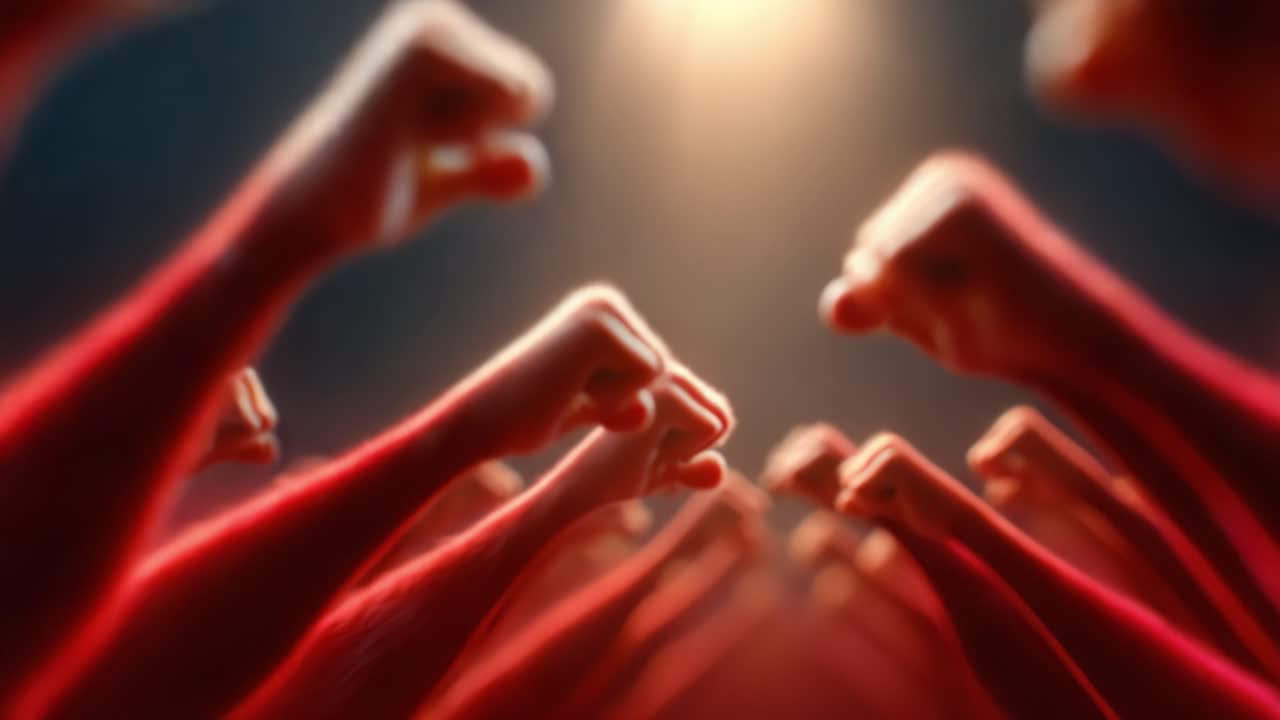 A powerful display of unity and strength is captured in these frames, showcasing raised fists symbolizing resolve, action, and the unwavering spirit of a collective movement