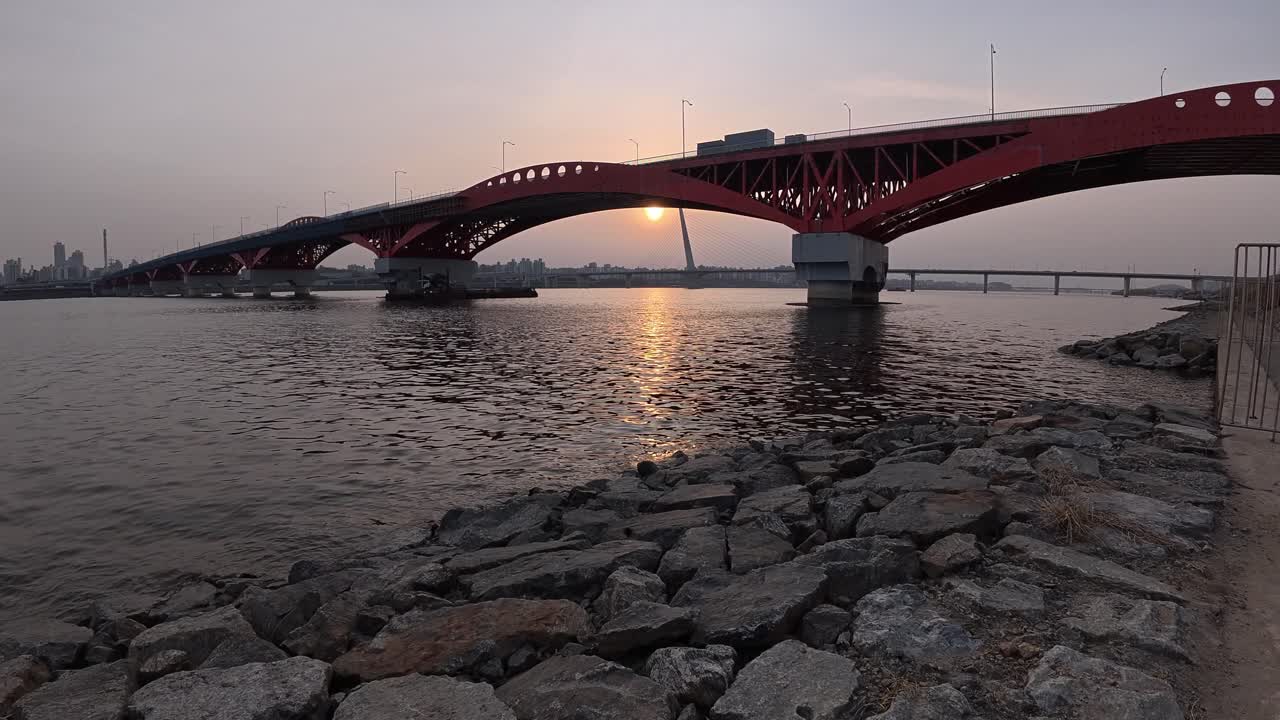 Seongsan Bridge Over Hangang River At Sunset Near Mangwon Hangang Park. Mapo District, Seoul, South Korea. wide shot