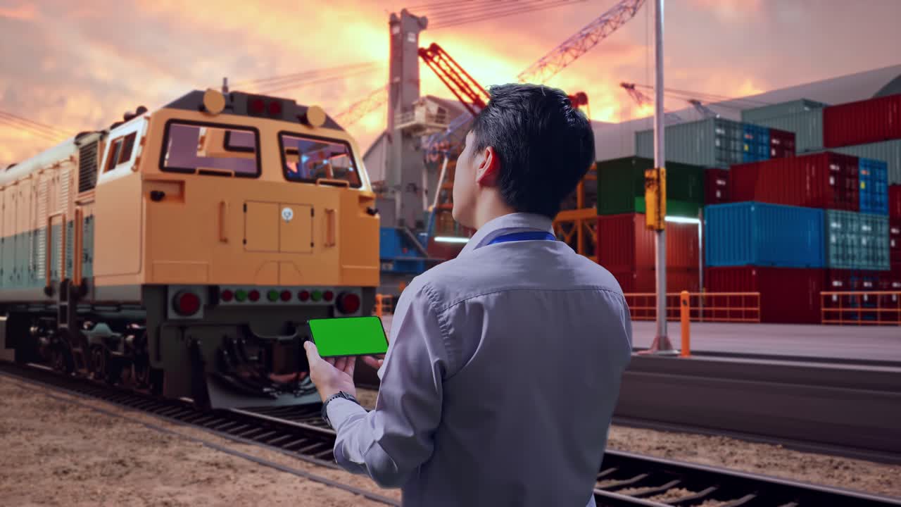 Back View Of An Asian Male Professional Worker Standing With Freight Cargo Train At Port, Checking On Smartphone With Green Screen And Look At The Factory Once