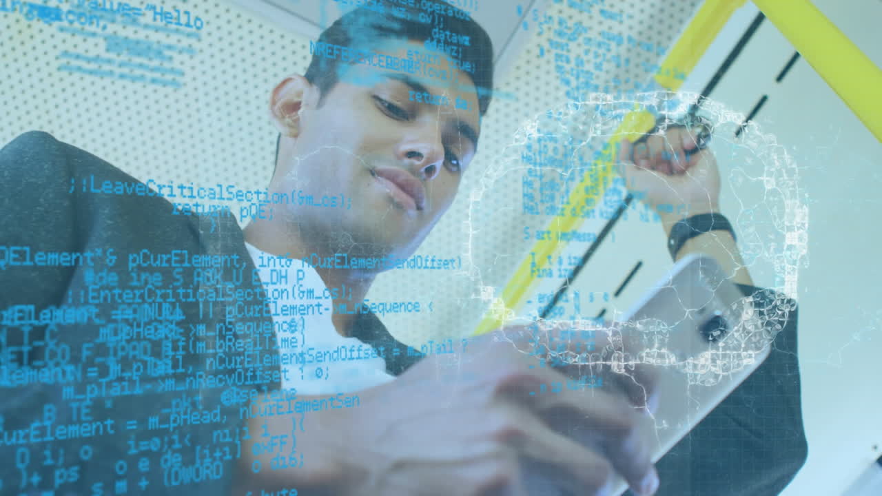 animación del procesamiento de datos y el mundo sobre un empresario biracial que usa un teléfono inteligente