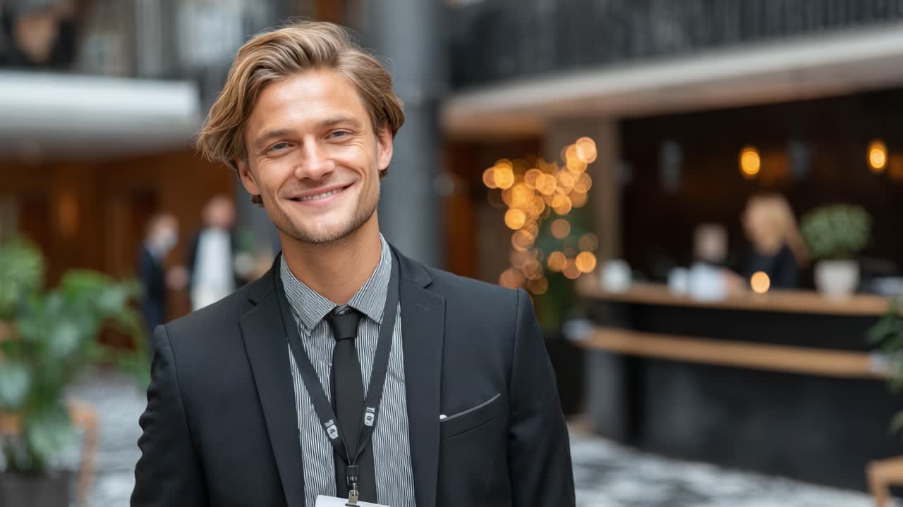 A Confident Young Professional Smiling in a Modern Lobby Setting, Exuding Charm and Approachability Amidst a Warm and Welcoming Atmosphere