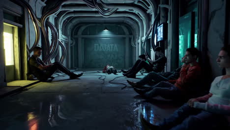 cyberpunk corridor scene with people