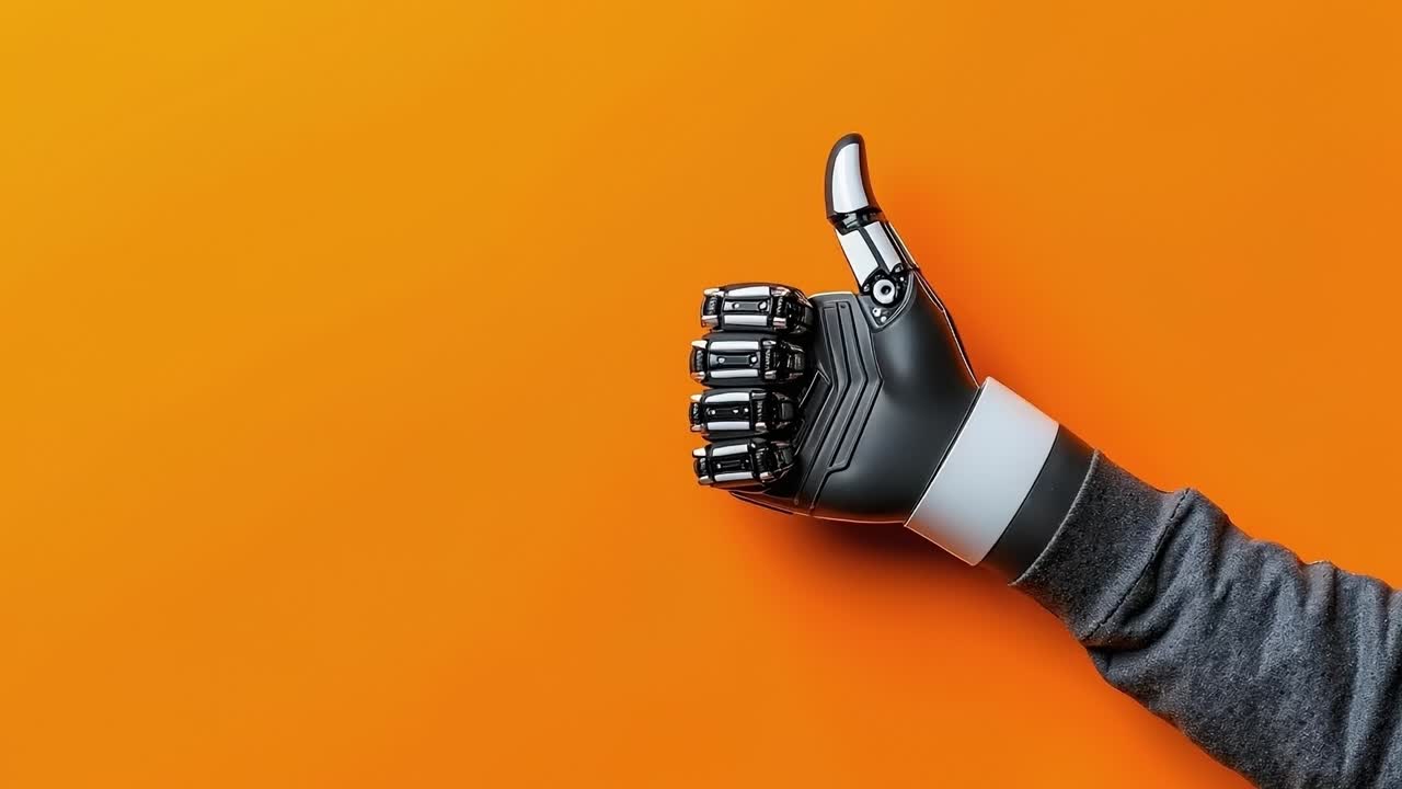 A hand with a robotic hand giving a thumbs up