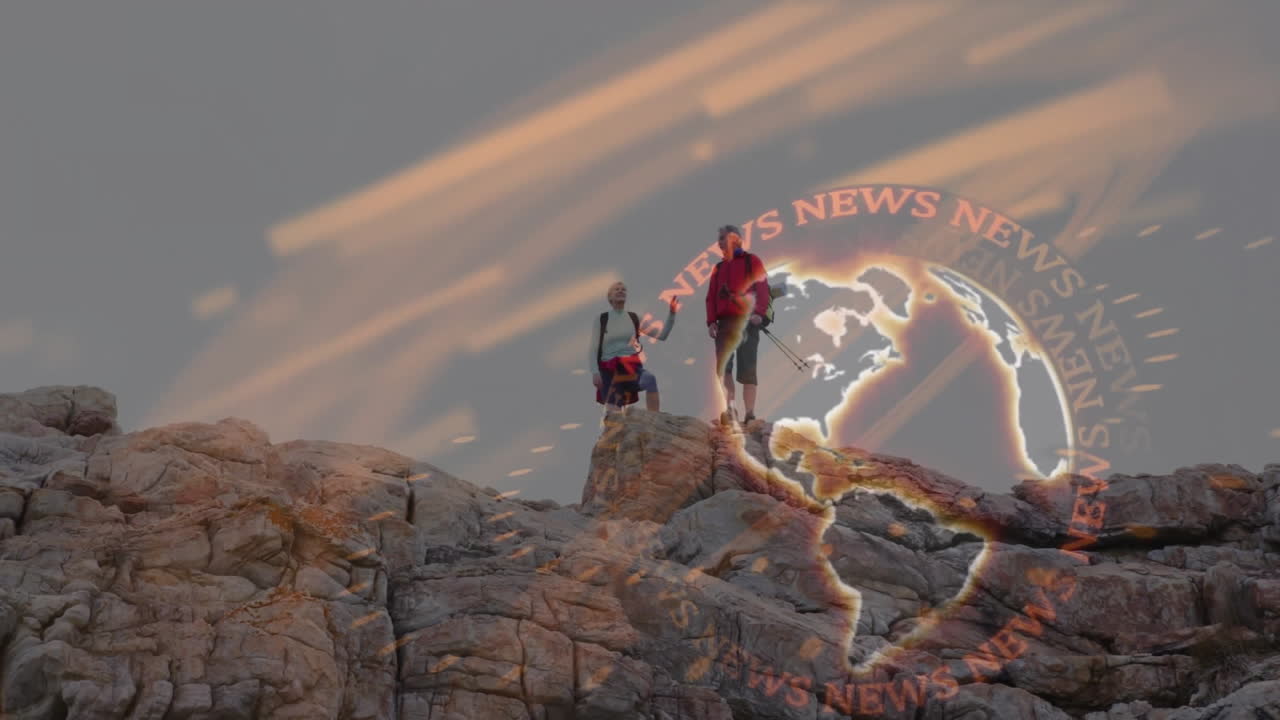 hiking couple climbing rocky summit, showcasing digital news graphics with glowing world map ring