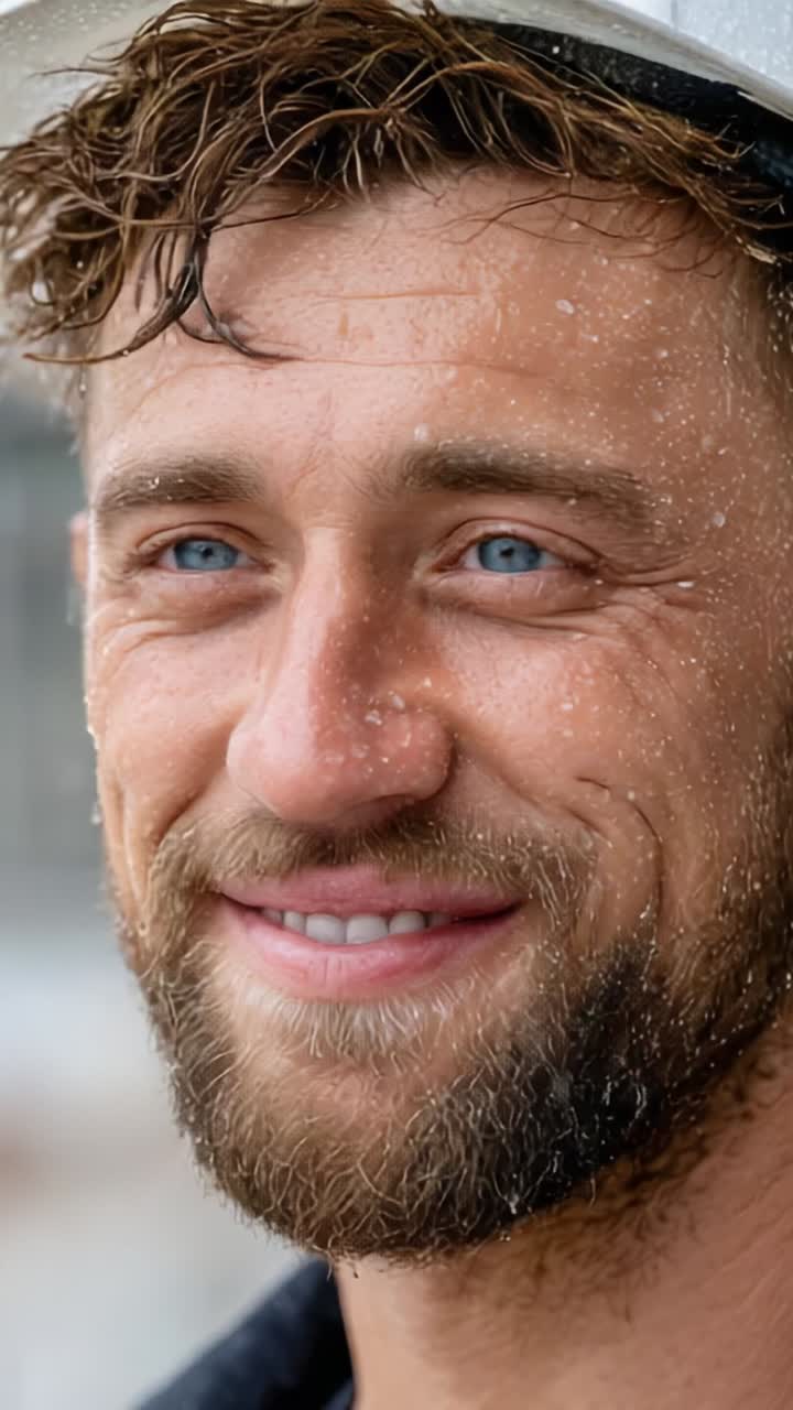 Primo piano di un uomo sorridente con gli occhi azzurri sotto la pioggia: cattura l'emozione e il personaggio che si celano dietro la sua espressione gioiosa, mettendo in risalto texture e dettagli