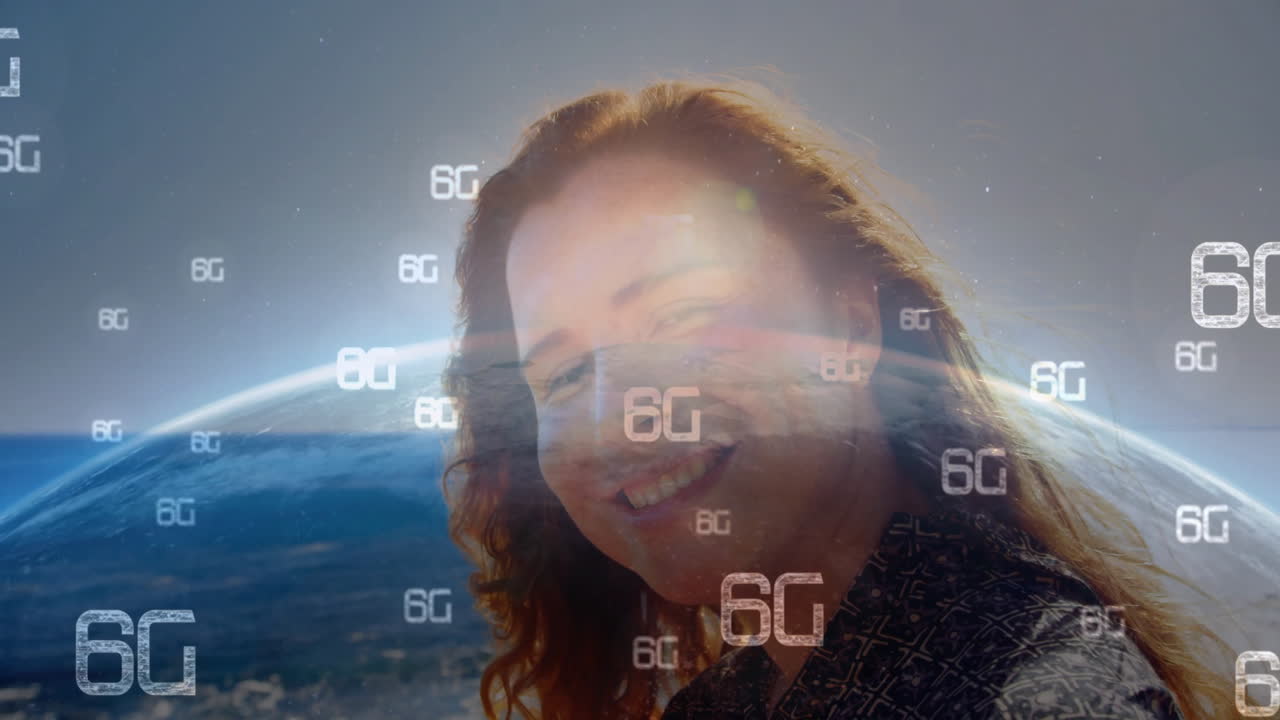 Smiling person with 6G text animation over ocean and sky background