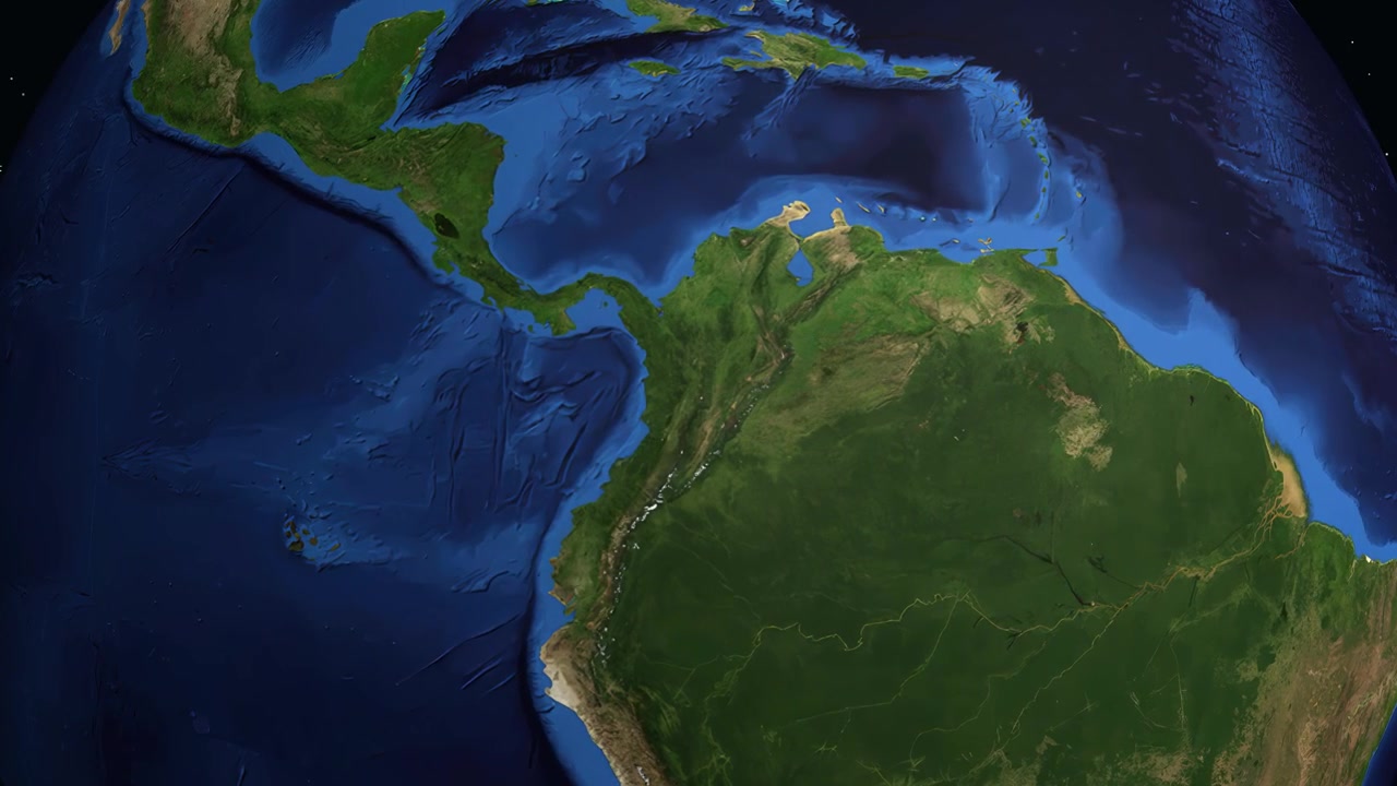 Globo digital gira e aproxima-se de Manizales, Colômbia, exibindo estatísticas regionais e um marcador de localização