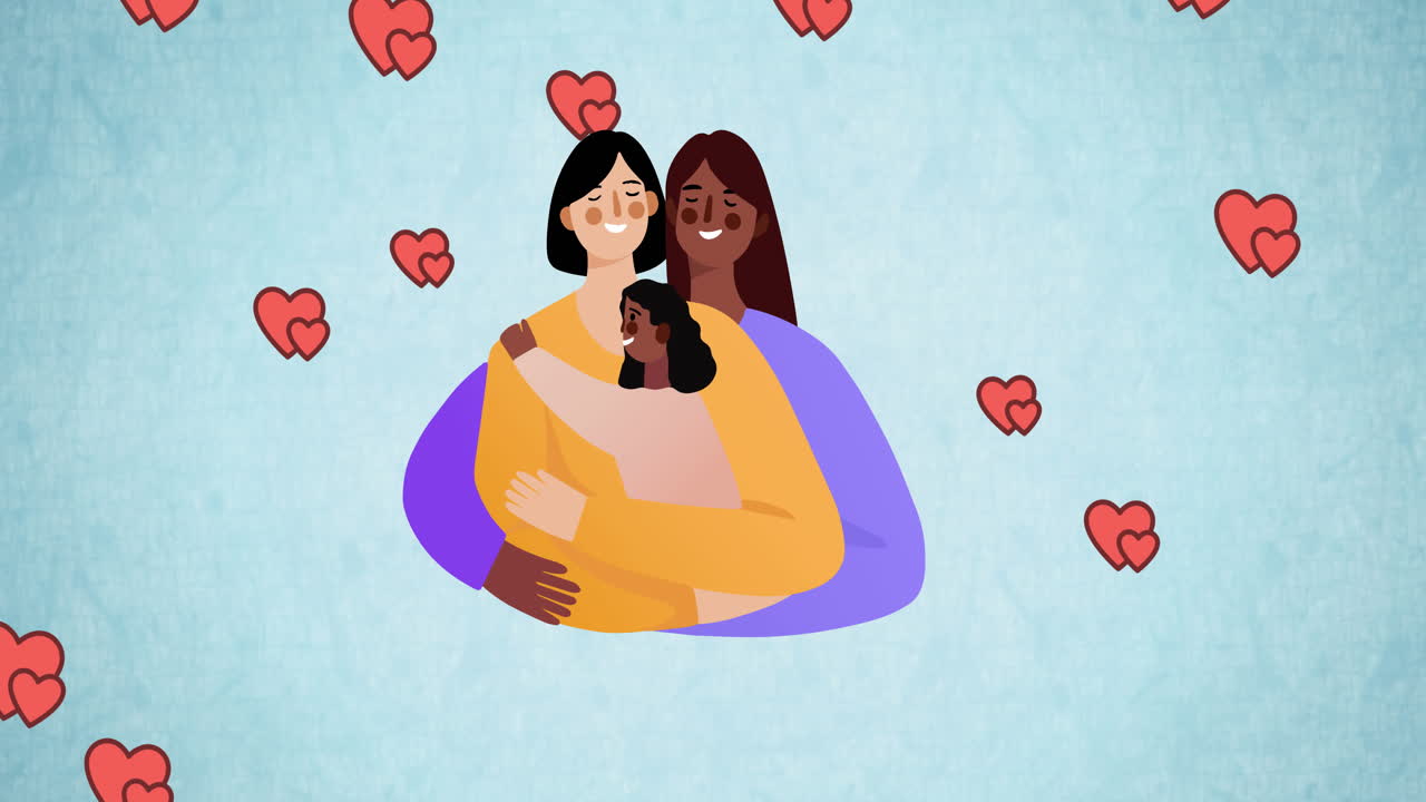 Composición de familia abrazándose sobre iconos de corazón.