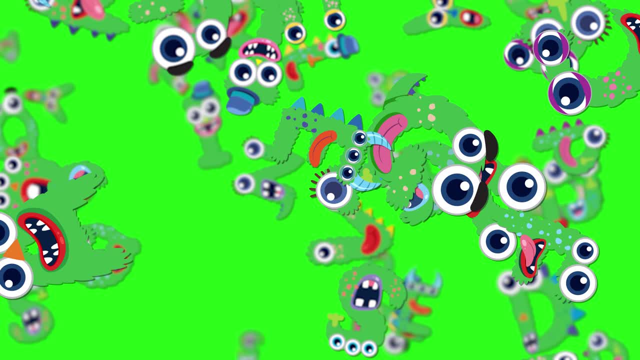 Playful cartoon monsters with exaggerated features animate dynamically against a bright green backdrop, creating a lively and humorous visual experience