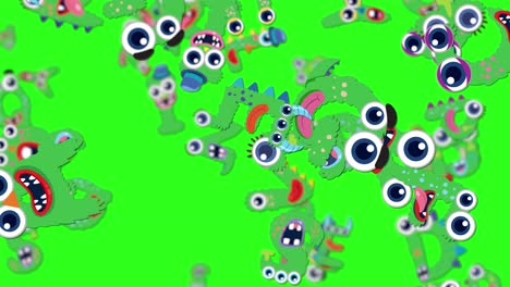 playful cartoon monsters with exaggerated features animate dynamically against a bright green backdrop, creating a lively and humorous visual experience