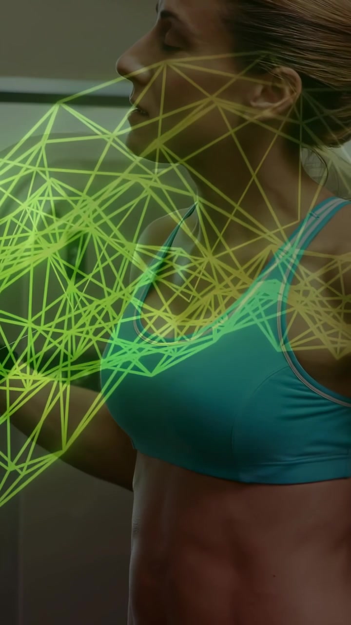 Vertical video: Woman starting arm rep in gym, wireframe tracking chest, shoulder for form aid
