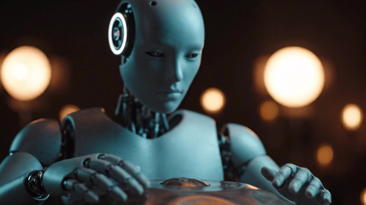 Un robot futuristico che suona un handpan, creando suoni melodici circondato da luci soffuse e brillanti in un affascinante ambiente high-tech
