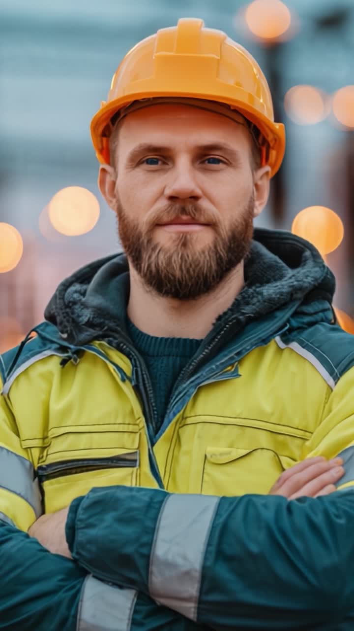 Confident Construction Worker in Safety Gear Exudes Professionalism and Determination against a Blurry Industrial Background