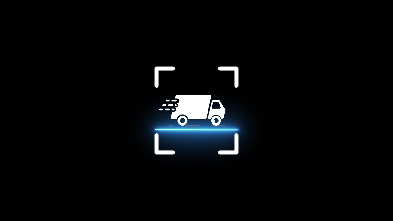 Animazione al neon dell'icona scanner per camion di consegna, isolata su sfondo nero