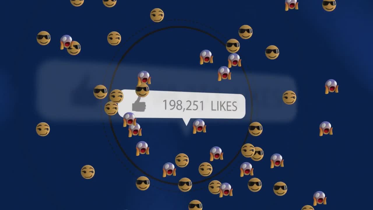 Animation of likes growing number over emoji icons on blue background