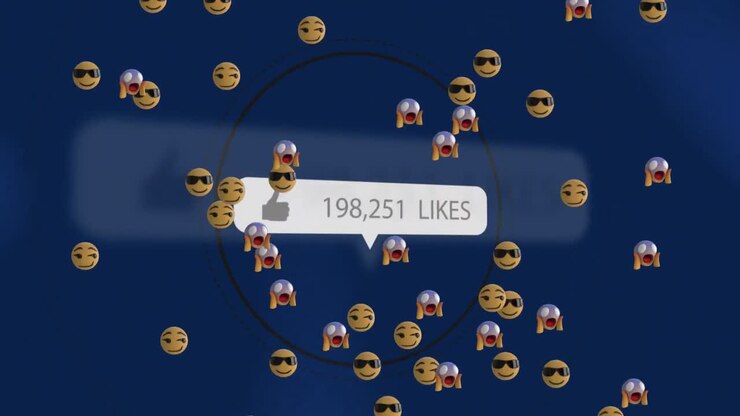 Animation of likes growing number over emoji icons on blue background
