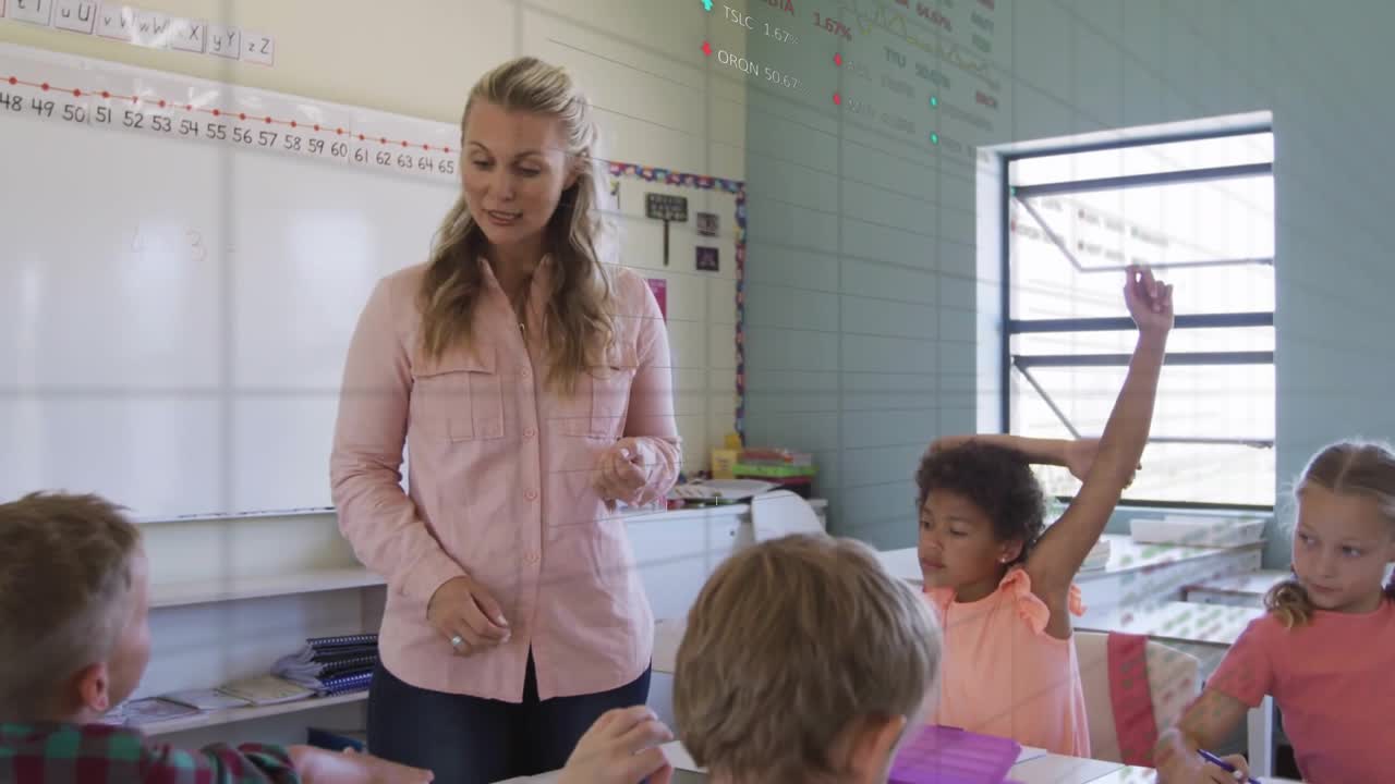 Animation of charts and data processing over diverse female teacher and children in classroom