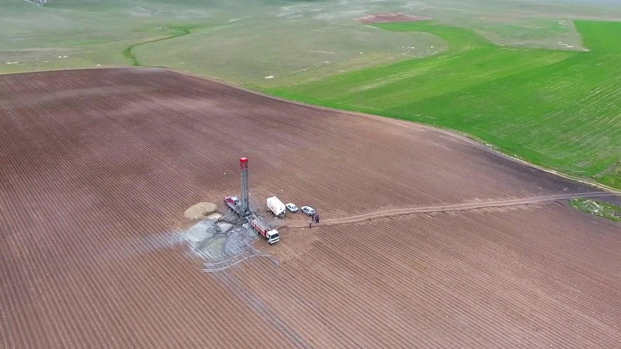 Aerial View of Mobile Drilling Rig Operating in Agricultural Field