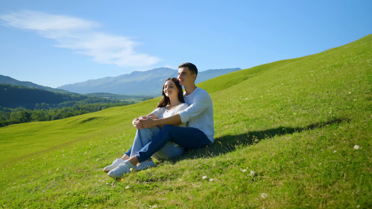 Couple Sitting in a Field on Mountains