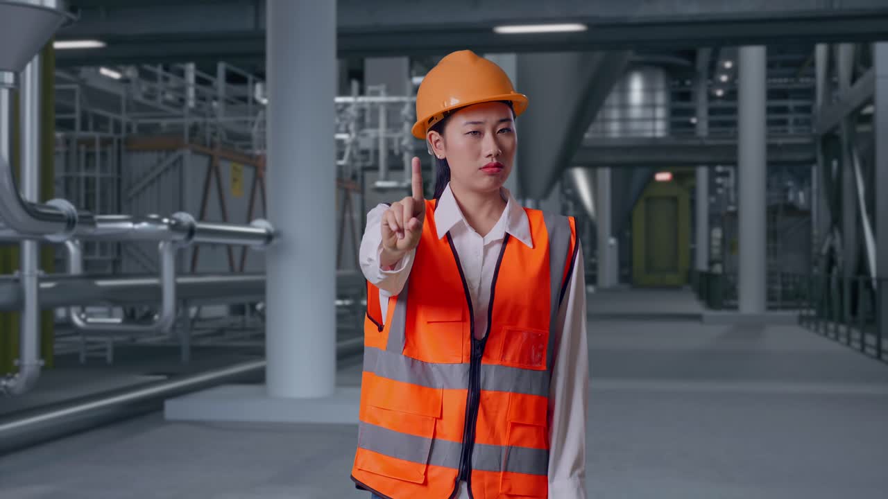 Ingeniera asiática con casco de seguridad desaprobando con un gesto de 'no' con el dedo índice mientras está de pie en el interior de una destilería con grandes tanques de fermentación.