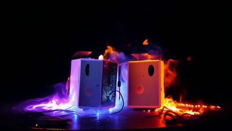 speakers with fire and smoke