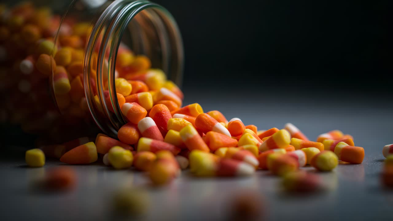 Tipping glass jar sending candy corn cascading over dark countertop, creating vibrant candy pile