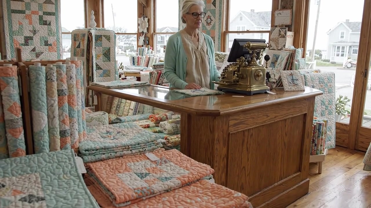 Um Paraíso Artesanal: Uma Quilter Apaixonada Atrás do Balcão em uma Aconchegante Loja de Tecidos, Rodeada por Quilts Vibrantes, Exibindo a Arte do Tecido e da Linha.