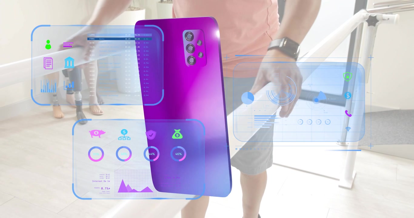 Smartphone rotating and finance panels showing as treadmill walker loosening rail grip for metrics