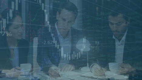 animation of data processing over caucasian business people in office