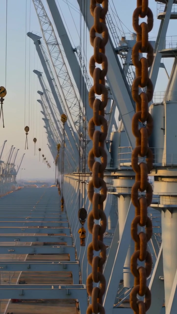 Vertical video: Panning drone moving to rust chains in right dock front, showing cranes, copy space