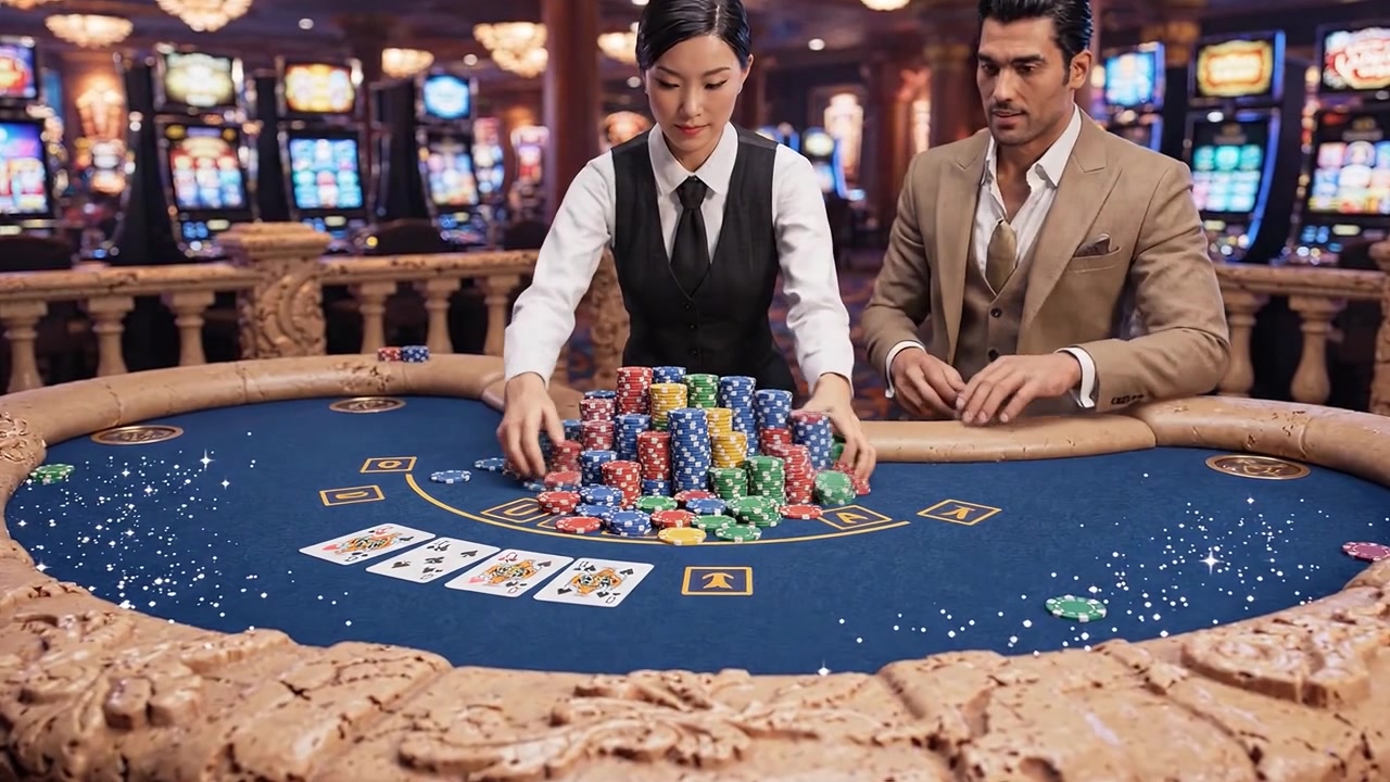 Intenso gioco da casinò: un giocatore concentrato e un croupier sicuro di sé si impegnano in un gioco di carte strategico, circondati da fiches colorate e slot machine in un ambiente lussuoso.