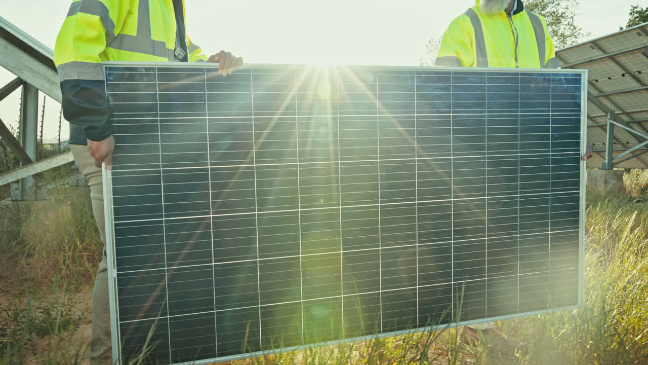 trabajo en equipo, hombres cargando paneles solares