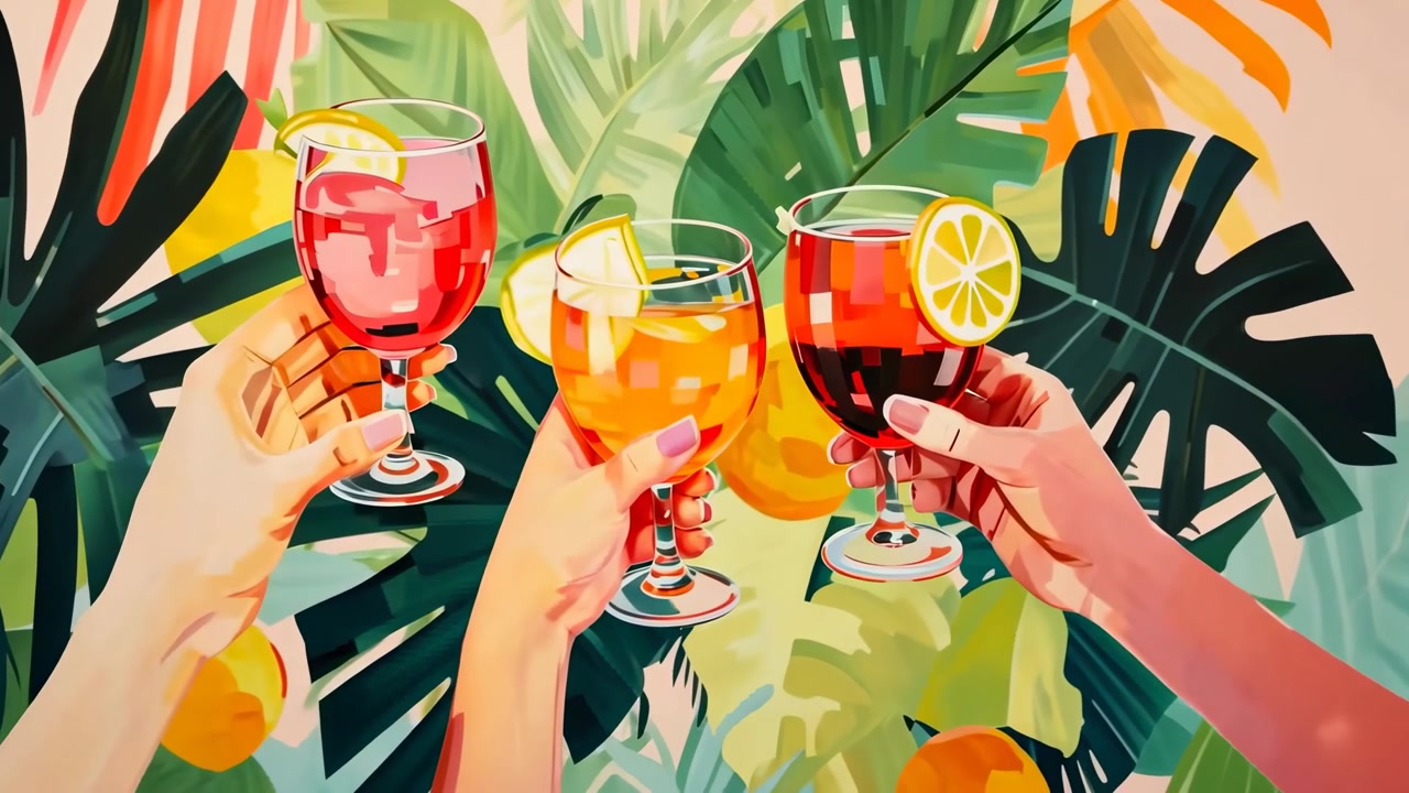 Stylized Hands Holding Refreshing Cocktails Amidst Tropical Leaves