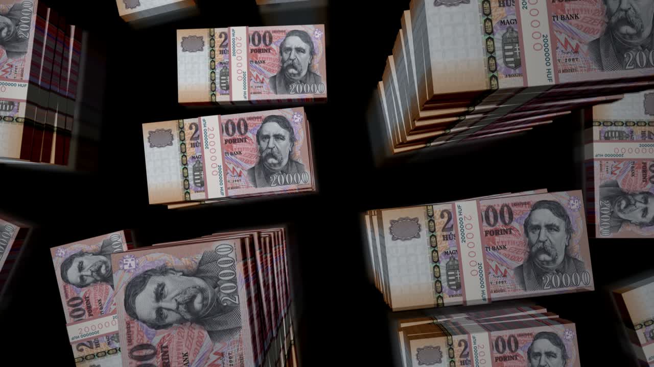 Flight over the Hungarian Forint money banknote packs loop animation