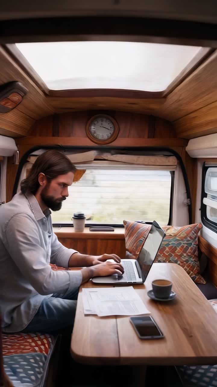 A young male digital nomad working on his laptop inside a camper van.