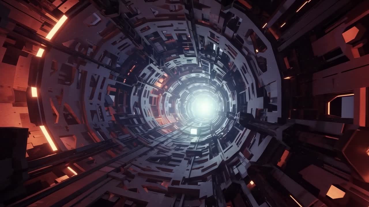 Venturing deep into a futuristic tunnel filled with vibrant, glowing lights and featuring complex, intricate structures all around