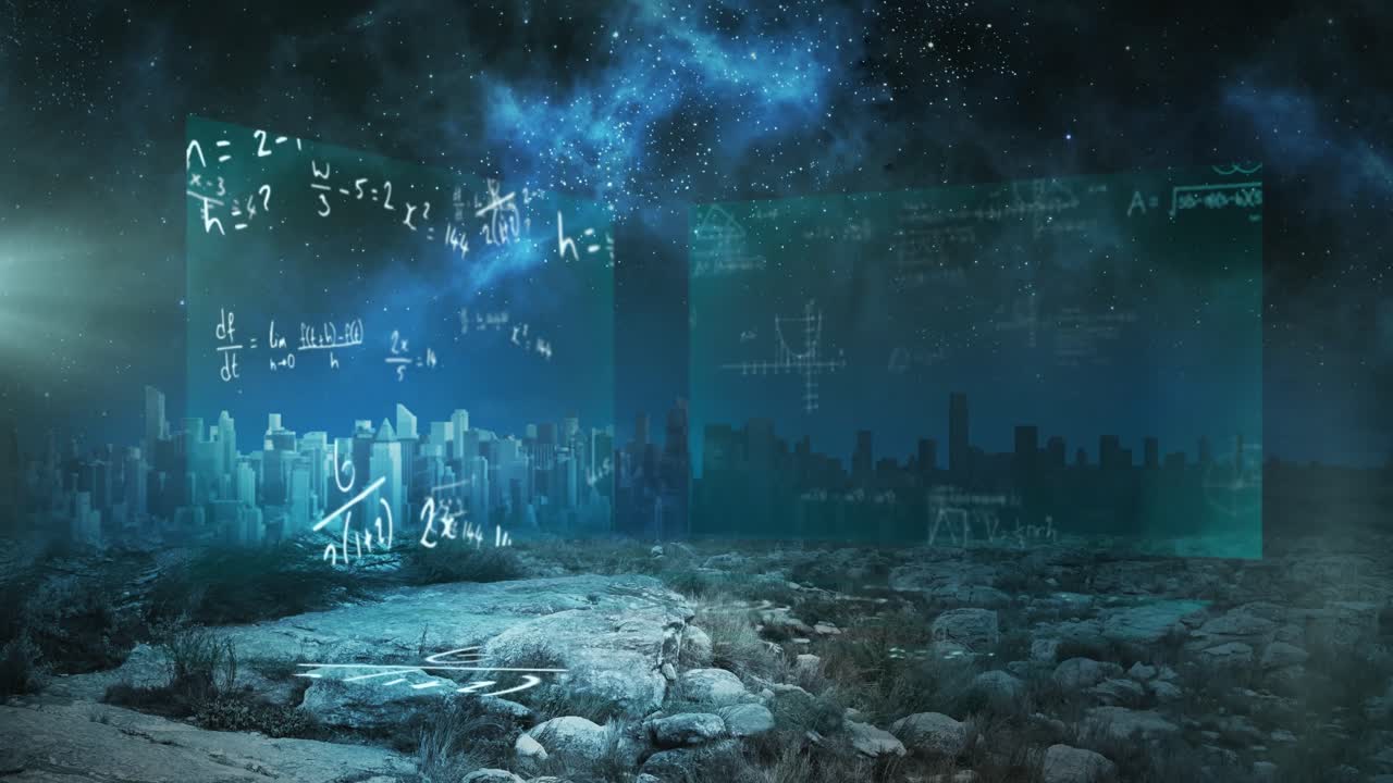도시 풍경 위에서 수학적 데이터 처리와 함께 화면의 애니메이션