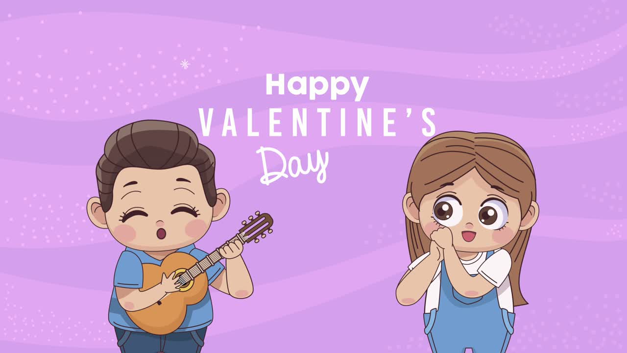 happy valentines day lettering and little lovers playing guitar
