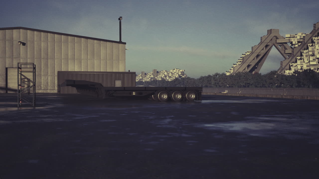 Soirée industrielle silencieuse sur un quai de fret tranquille, où les ombres s'étirent