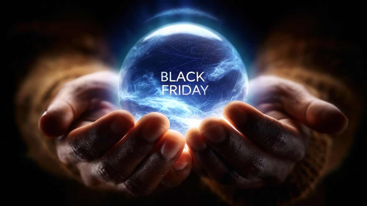 Captivating Visuals of a Crystal Sphere Illuminating with Energetic Light, Centered on Text 'Black Friday', Portraying the Magic and Excitement of Seasonal Deals and Shopping Events