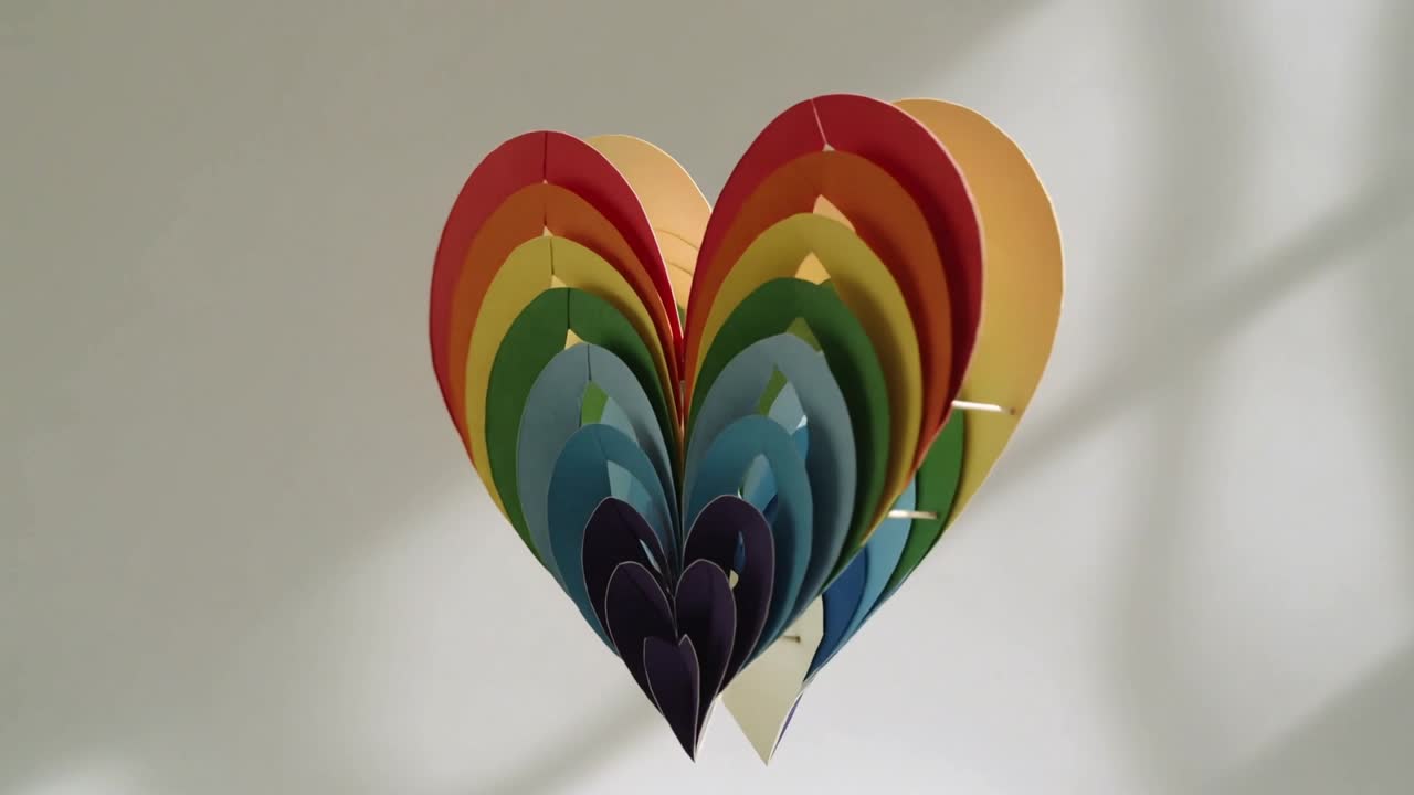 multilayered paper heart mobile rotating on thin thread, revealing spacers to showcase 3D depth