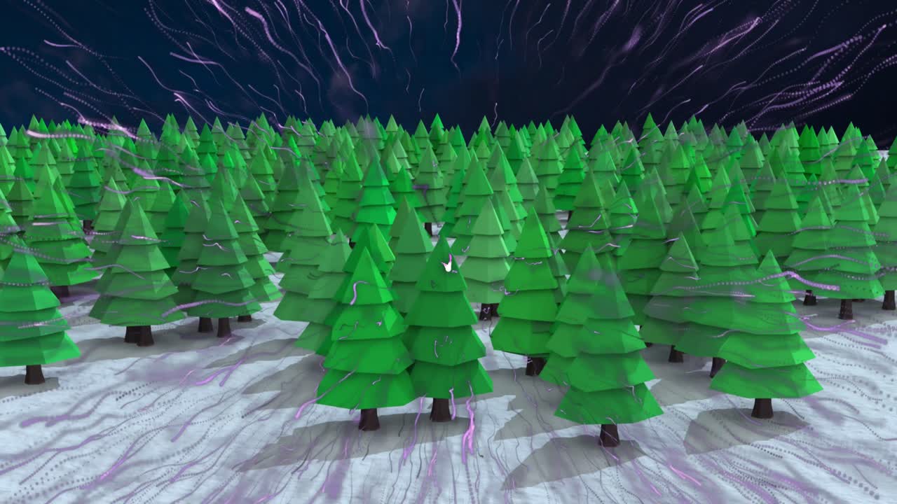 Animation of purple fireworks exploding over fir trees and winter landscape