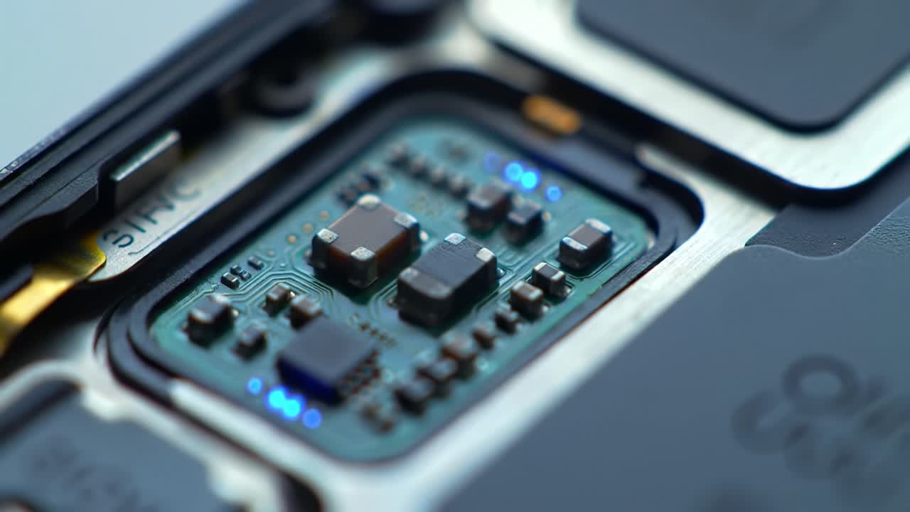 Close-up View of Advanced Microchip Technology with LED Indicators Highlighting Electronic Components and Circuitry in a Modern Device