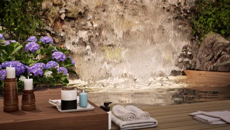 spa wellness setting 4 con piscina interior, cascada, flores, toallas, rocas curativas y cremas de tratamiento de spa en superficie de madera, durante el día, animación 3d, tratamiento de salón de spa, relajación