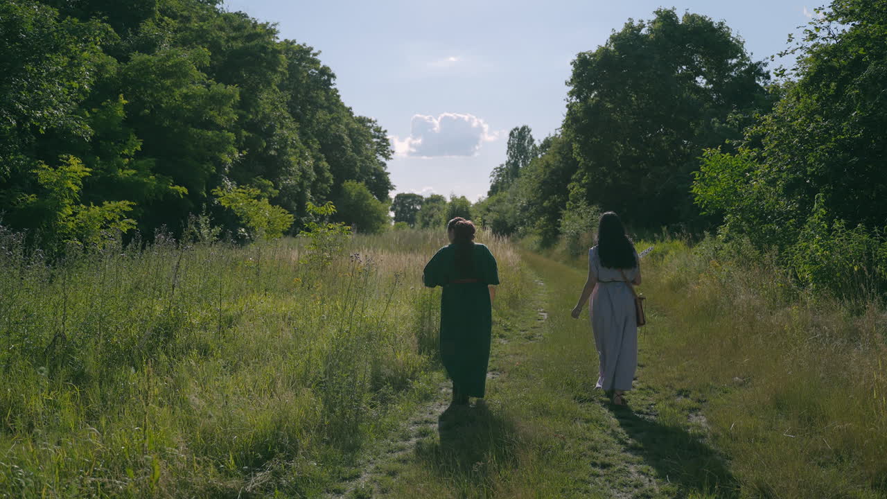 Women walking in a sunny forest path